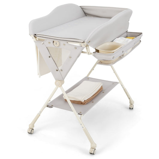 Fasciatoio per bambini con 3 altezze regolabili e 4 ruote bloccabili, Fasciatoio pieghevole con bacino Grigio-Fasciatoi