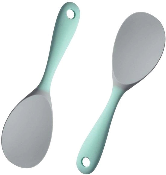 Set di due cucchiai di riso in silicone con rivestimento antiaderente, progettazione ergonomico, foro di appoggio, resistente a temperature elevate.