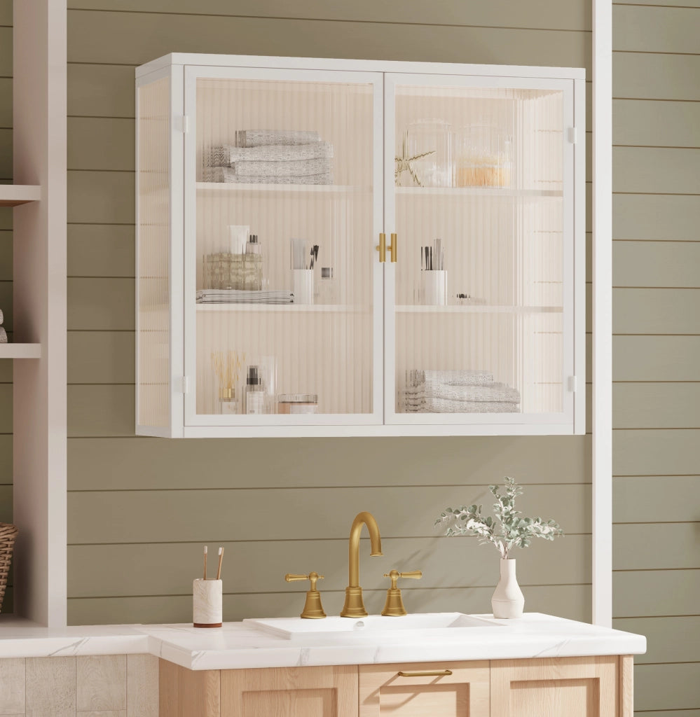 Armadio a muro moderno 70 cm, 2 ante in vetro trasparente bianco, con ripiani a 3 livelli per ingresso, soggiorno, bagno e sala da pranzo