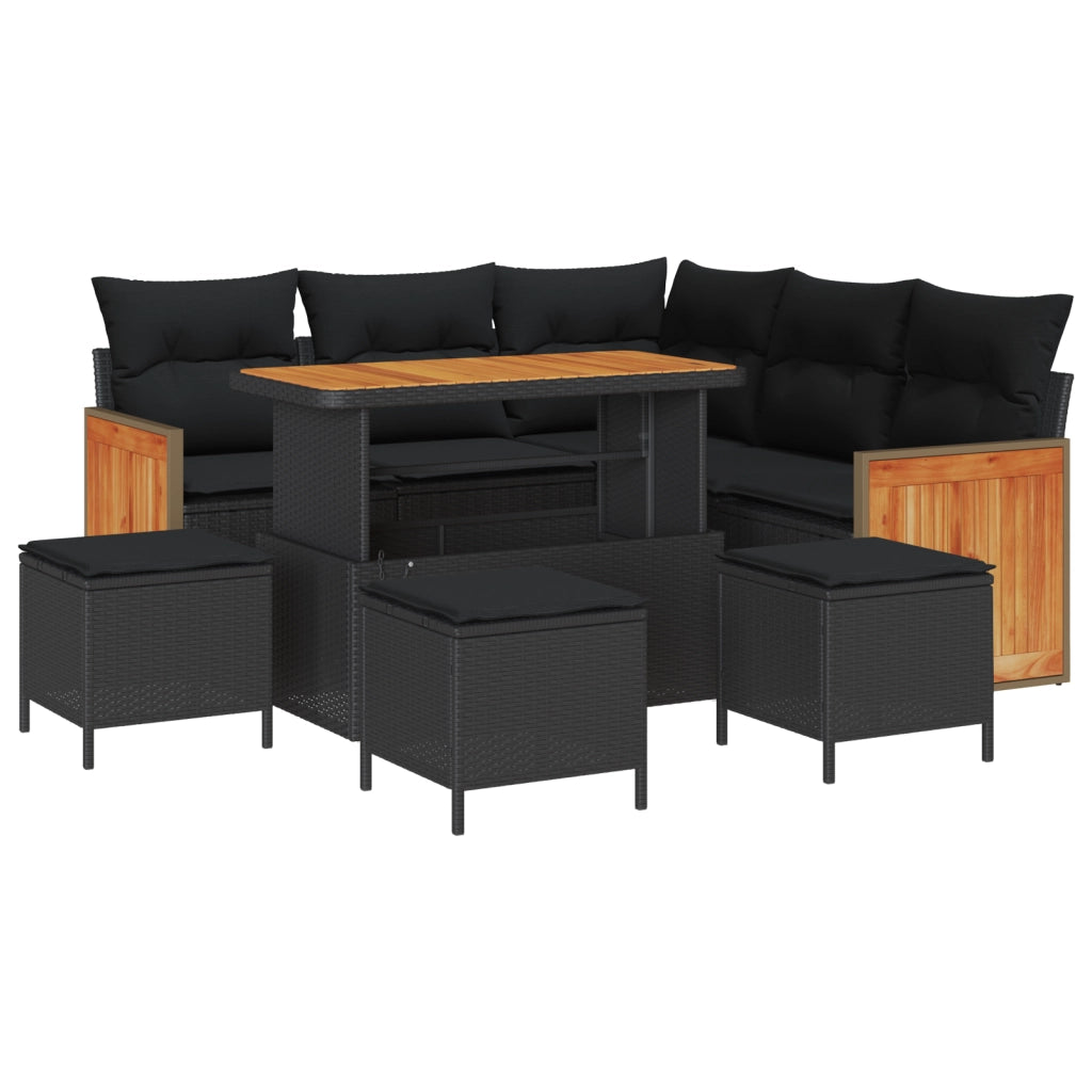Set Divano da Giardino 9 Pezzi con Cuscini Nero Polyrattan Acacia