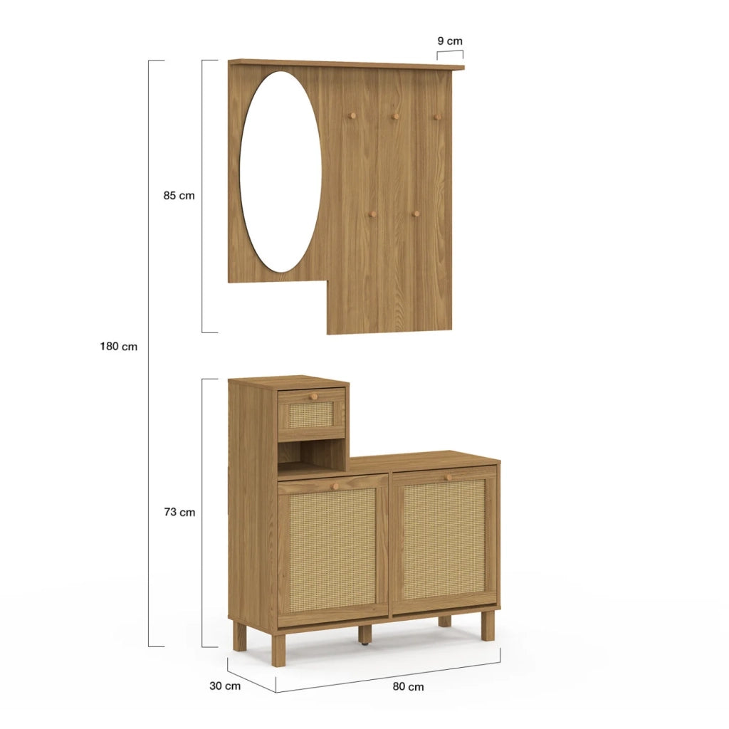 IDMarket - Guardaroba d'ingresso con specchio effetto canna naturale HANAE
