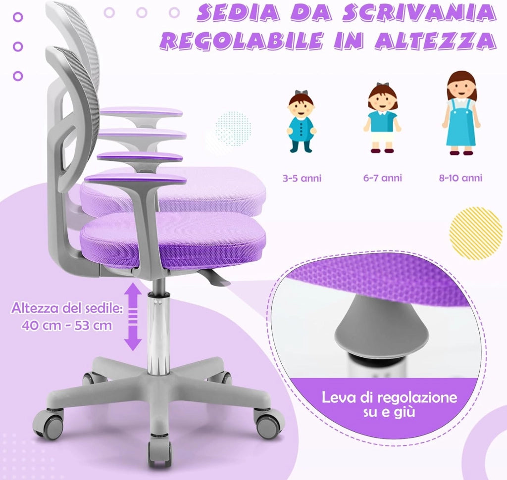 Sedia per Scrivania per Bambini, Sedia per Computer per Bambini con Altezza Regolabile, Ruote con Freni, Sedile Girevole a Rete, Sedia Ergonomica per Bambini 3-10 Anni (Viola chiaro)