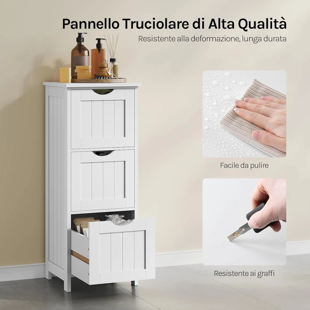 Mobile da Bagno, Mobiletto Bagno Salvaspazio, con 3 Cassetti, 32 x 30 x 81 cm, Armadio Autoportante, per Sala da Pranzo, Cucina, Stile Moderno, Bianco BZS123ws