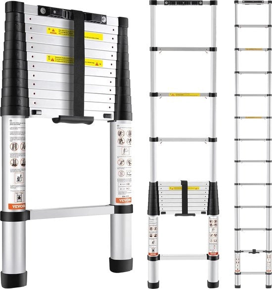 Scala Telescopica in Alluminio - 380 cm di Altezza, Portatile e Antiscivolo - Capacità 170 kg