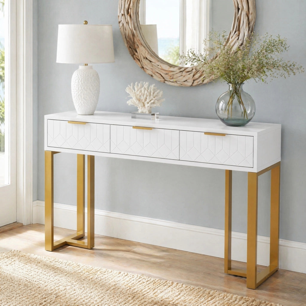 Tavolino consolle moderno con cassetti, struttura dorata e design elegante