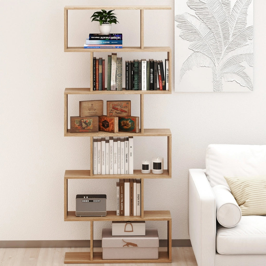 Libreria a 6 livelli a forma di S con dispositivo antiribaltamento-Scaffale di legno per casa e ufficio Legno naturale