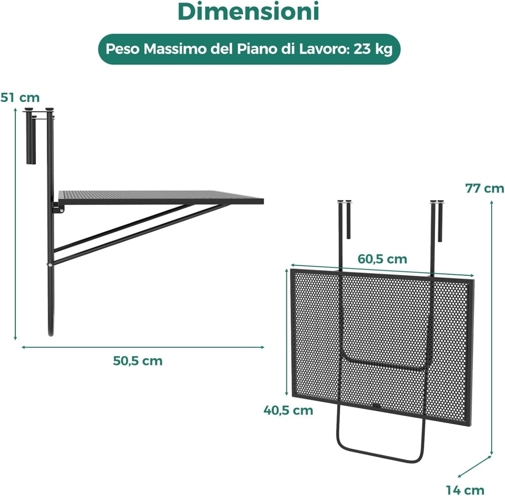 Tavolino da Balcone, Tavolino Sospeso Pieghevole con Struttura in Metallo, Tavolo Salvaspazio da Ringhiera per Patio e Terrazzo, Portata 23 kg, 60,5 x 50,5 x 51 cm