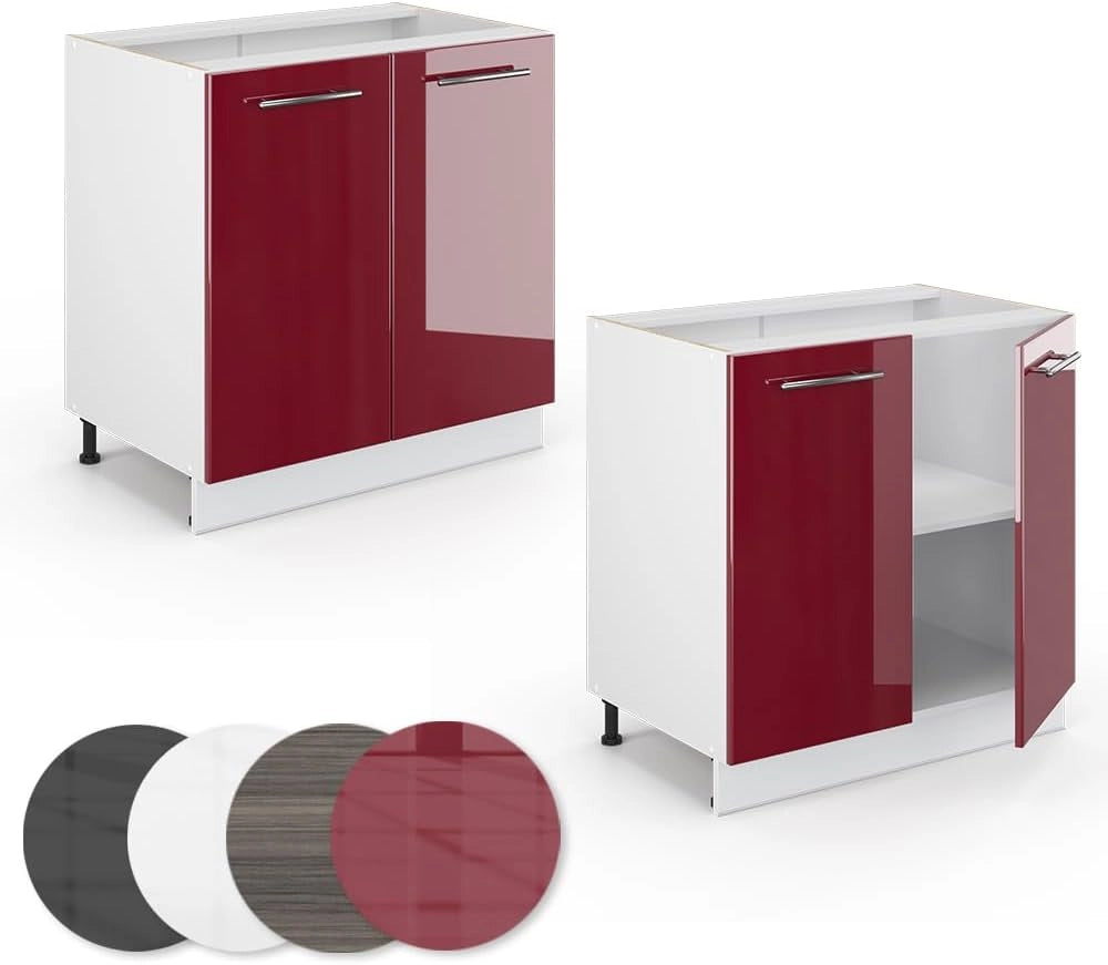 Mobile lavello cucina Fame-Line, Rosso bordeaux lucido, 80 cm con ripiano, PL Antracite, per la combinazione con altri moduli della serie Fame-Line