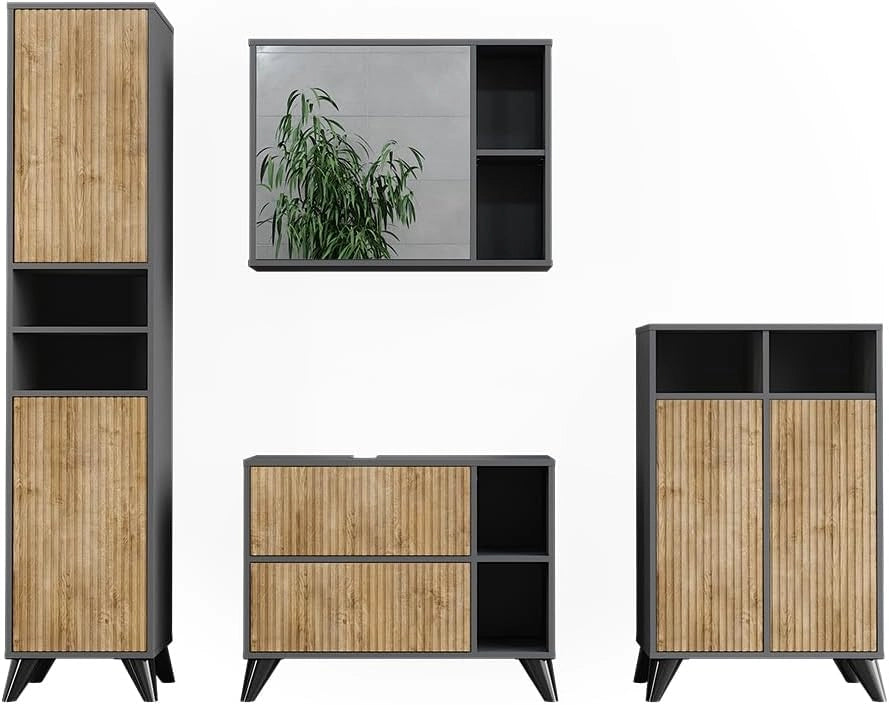 Set di mobili da bagno Leano, Antracite/quercia di montagna, 80 cm, composto da mobile sottolavabo, specchiera e mobile medio