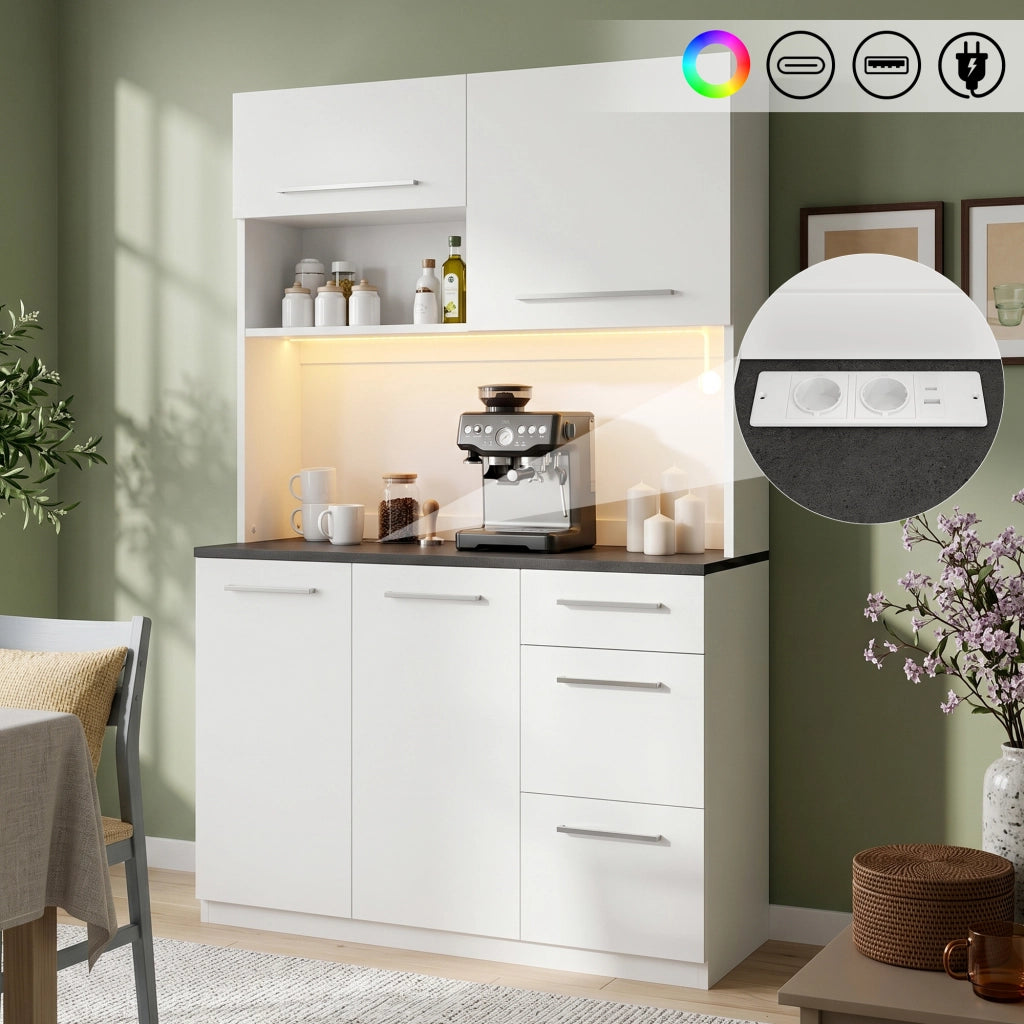 Credenza e madia con LED, 2 prese e USB-A e USB-C, ripiani regolabili, per sala da pranzo, bianco, 120 × 40 × 180 cm