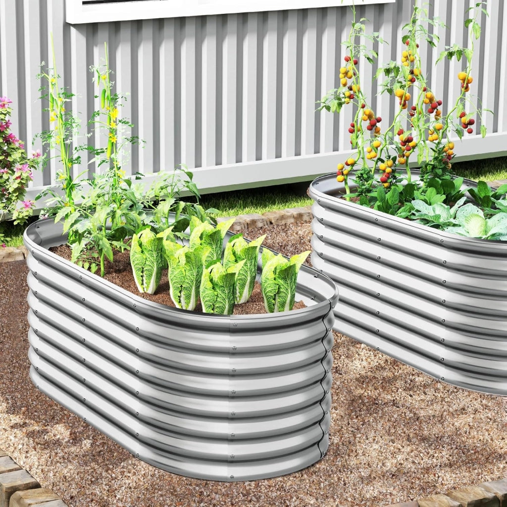 Letto da Esterno Rialzato in Metallo, Aiuola Rialzata in Ovale con Design a Fondo Aperto, Protettori d'Angolo Rinforzati, Orto Rialzato da Esterno per Verdure, Fiori, Erbe Aromatiche (Argento)