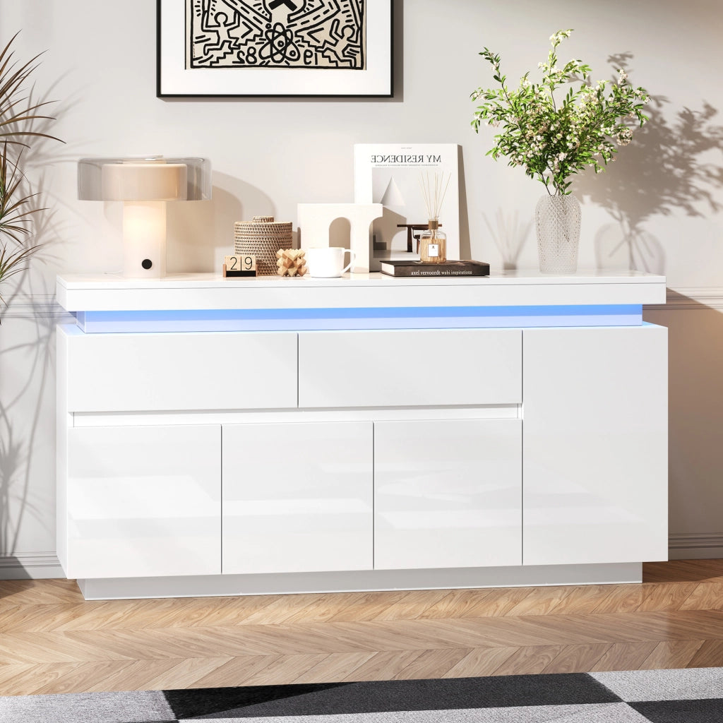 Madia ULEVR 140x35x72,5 cm con 4 ante, 2 cassetti, LED e USB, bianco lucido