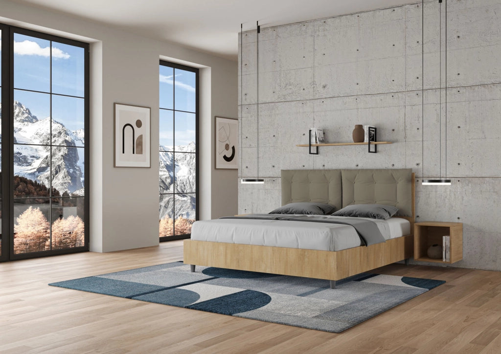 Letto Matrimoniale 160x190 cm con Rete e Contenitore Alzata Comoda Struttura Quercia con Cuscini in Similpelle Egos