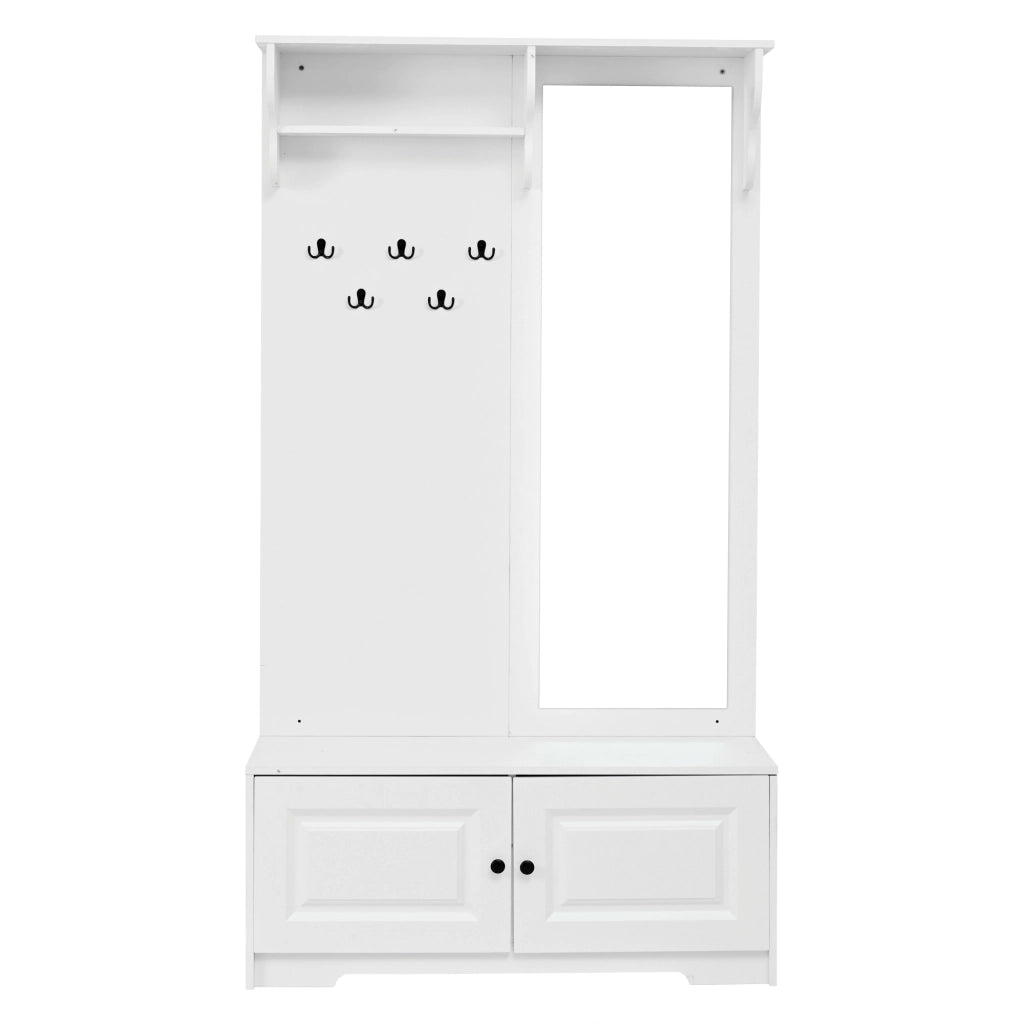 Mobile ingresso con specchio e scarpiera con panca; 100x40x180 cm; 5 ganci; MDF; bianco