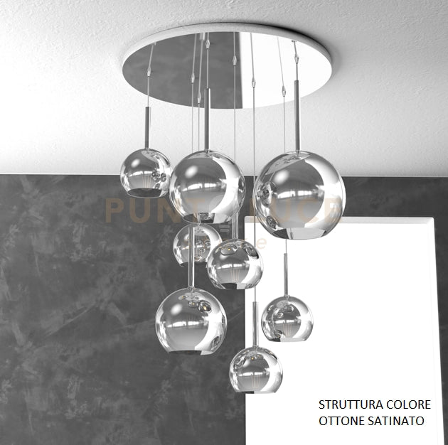 SOSP. OTTONE SAT. TONDA 8 LUCI VETRI (1 GRANDE+2 MEDIO +5 PICCOLO) TUTTI CROMO 1155OS-S8 TMIX-CR