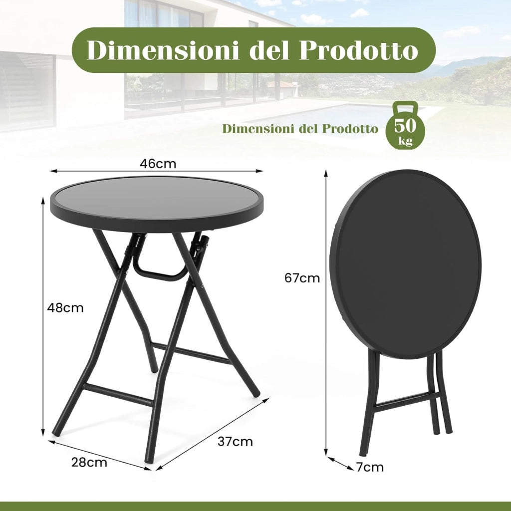 Tavolino da Giardino Pieghevole da 46 cm, Tavolino Rotondo Compatto da Patio, con Piano in Vetro Temperato e Struttura in Metallo, Tavolino Laterale Portata 50 kg (Nero)