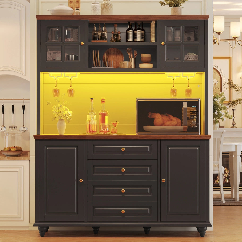 Credenza alta da cucina nera con LED RGB e 4 cassetti