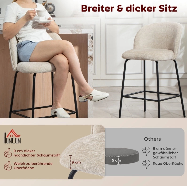 Set di 2 sgabelli da bancone beige con schienale e poggiapiedi