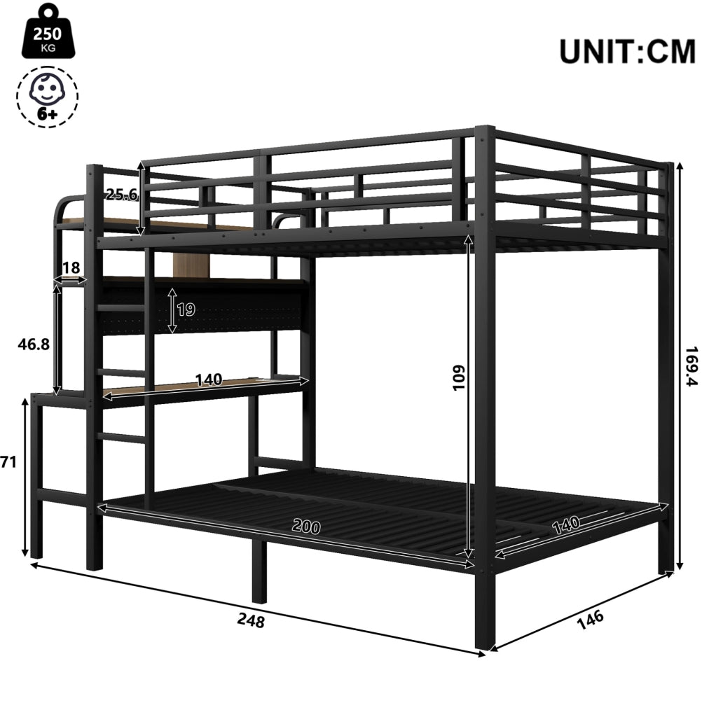 Letto a castello 140x200 cm in metallo e MDF; con scrivania; ripiani; LED e USB; nero