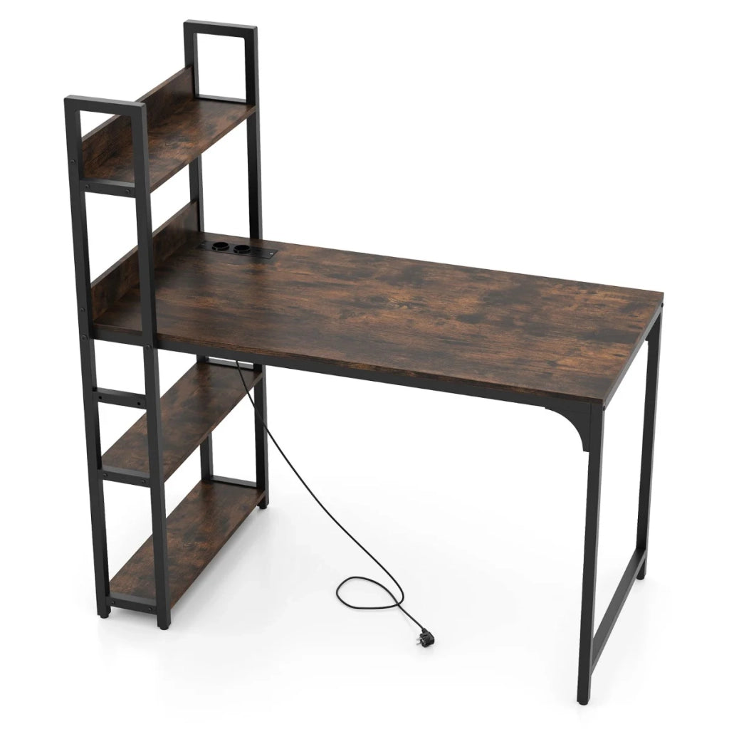 Scrivania per computer 120 x 65 x 130 cm con multipresa e libreria dal design moderno in metallo marrone rustico e nero 20_0010862