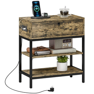 Tavolino da Soggiorno Stile Industriale 60x30x665 cm con Cassetto e Ripiani in Legno e Metallo Nero