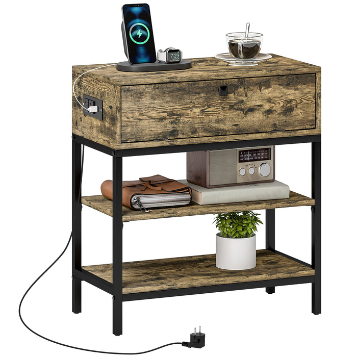 Tavolino da Soggiorno Stile Industriale 60x30x665 cm con Cassetto e Ripiani in Legno e Metallo Nero