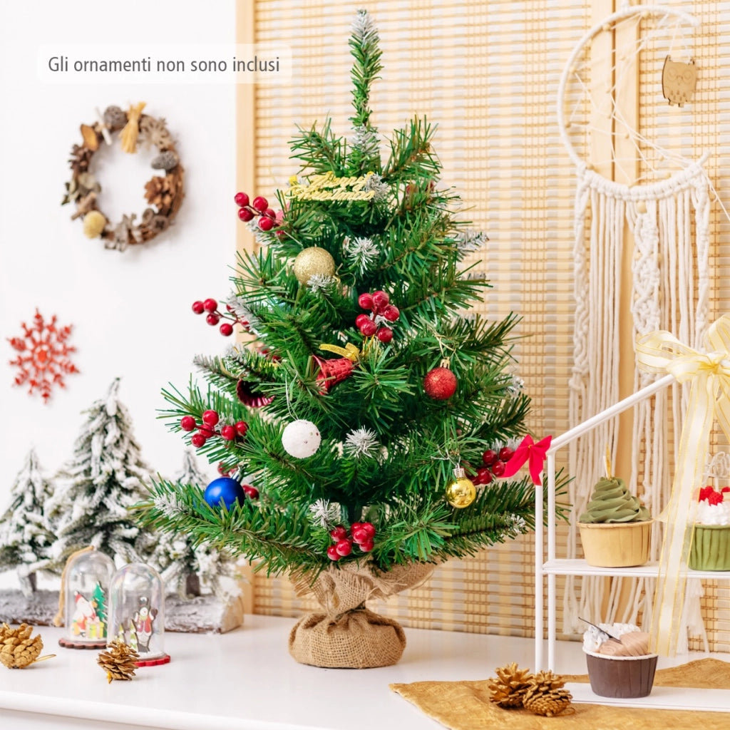 Albero di Natale 60cm per scrivania con 76 rami in PVC e base, Albero di Natale realistico con bacche rosse-Alberi di Natale