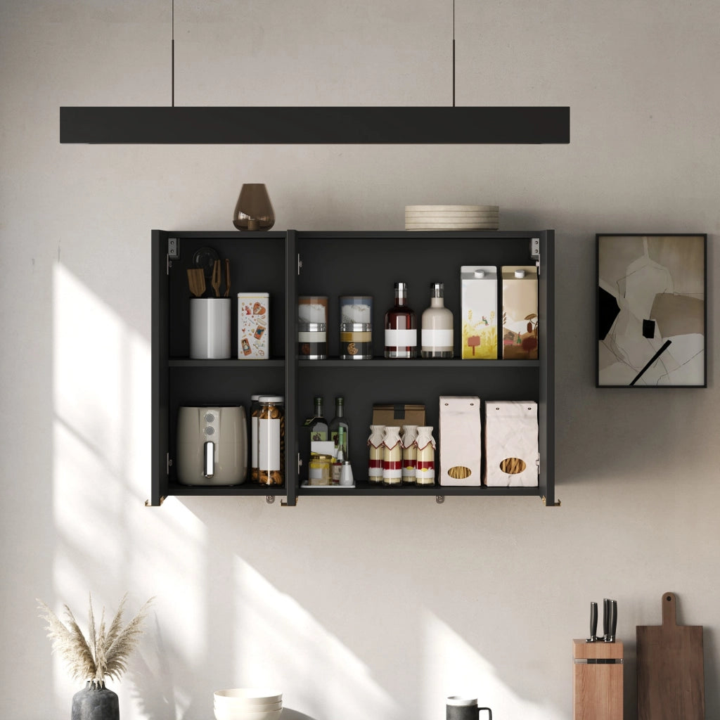 Pensile da parete con 3 ante in MDF nero 90x29x60 cm per cucina, bagno e lavanderia