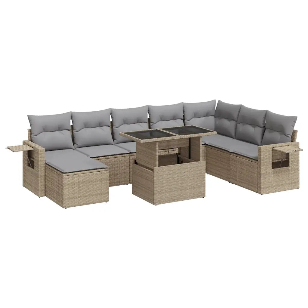 Set Divano da Giardino 9 pz con Cuscini Beige in Polyrattan