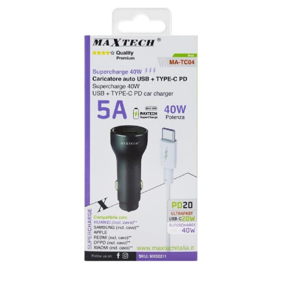 Trade Shop - Kit Caricabatterie Auto Type-c/usb Ricarica Rapida 40w 5a Cavo Dati 1 Mt Ma-tc04 -