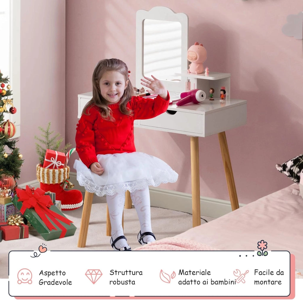 2 in 1 Set Toeletta per Bambini, Postazione Trucco in Legno con Sgabello, Specchio Rettangolare Staccabile e 2 Cassetti Capienti, Ideale per Bambini dai 3 ai 7 Anni, 70 x 37 x 100 cm (Bianco)