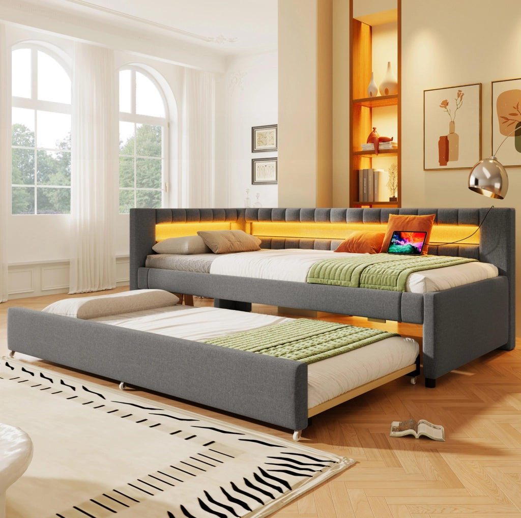 Letto 90x200 cm con letto estraibile; LED e USB Type-C in lino grigio