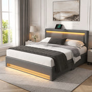 Letto imbottito 140 x 200 cm in PU grigio con USB, LED e 4 cassetti