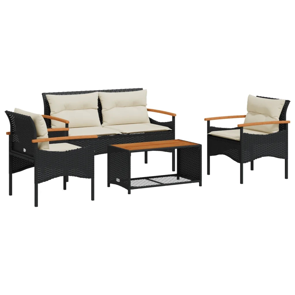 Set Divani da Giardino 4 pz | Set Salotto da Giardino con Cuscini Nero in Polyrattan