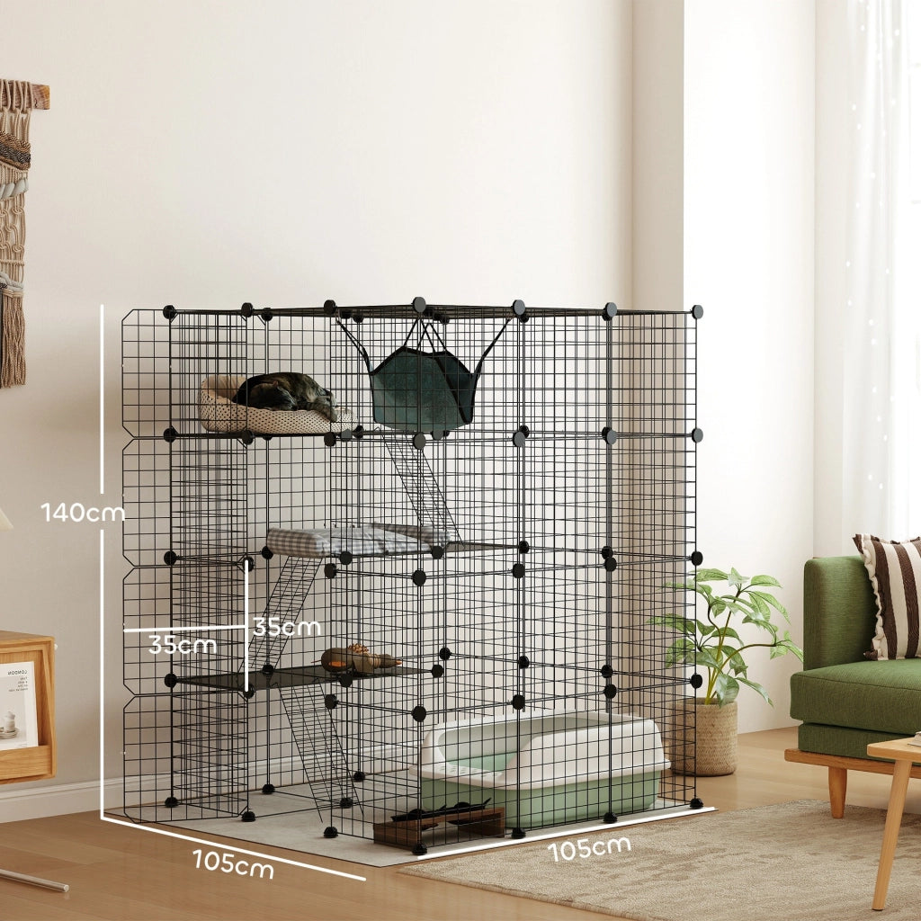 Box Recinto per Gatti Modulabile a 4 Livelli 105x105x140 cm 5 Ingressi e Rampe in Acciaio e PP Nero