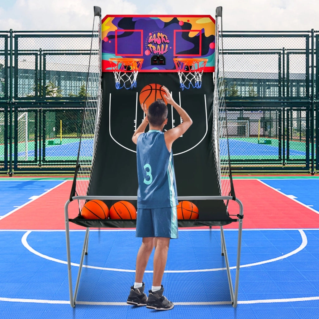 Gioco arcade di pallacanestro a doppio tiro pieghevole, Macchina da pallacanestro con punteggio elettronico Viola-Giocattoli sportivi