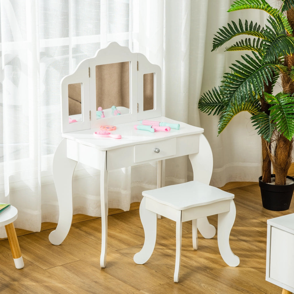 Tavolo da Trucco per Bambini con Sgabello e Triplo Specchio. in Legno e Acrilico. 63x40x85.5 cm. Bianco