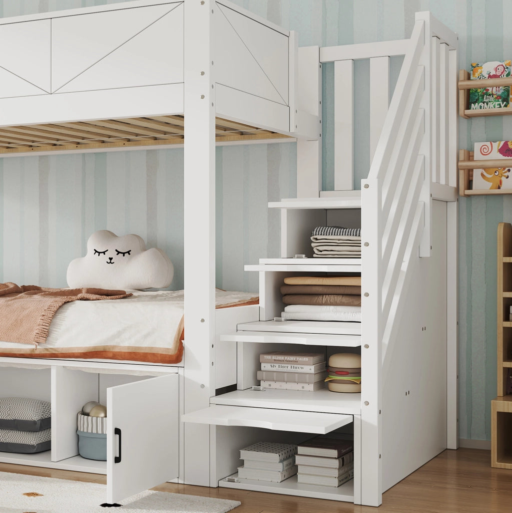 Letto a castello 90x200 cm bianco con scala contenitore e vani chiusi HAVRYA