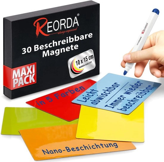 Strisce magnetiche descrittive - 30 strisce descrittive - 10 x 15 cm (Colorate) - Magnetici descrittivi per lavagne bianche, tabelloni Kanban, lavagne magnetiche o come magneti descrittivi per il frigorifero