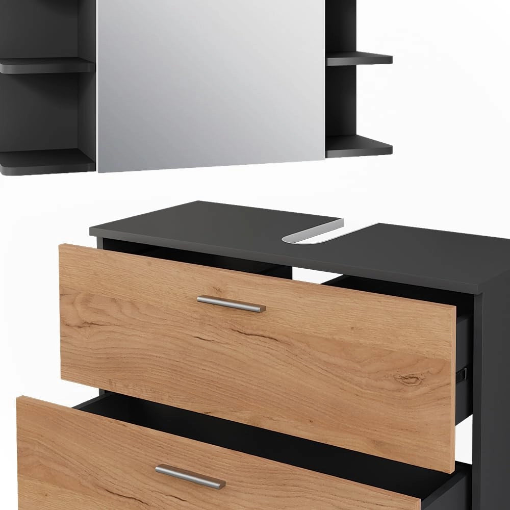Set di mobili da bagno Ilias, Quercia dorata/antracite, 80.2 cm, composto da mobile lavabo, pensile a specchio, colonna e base media