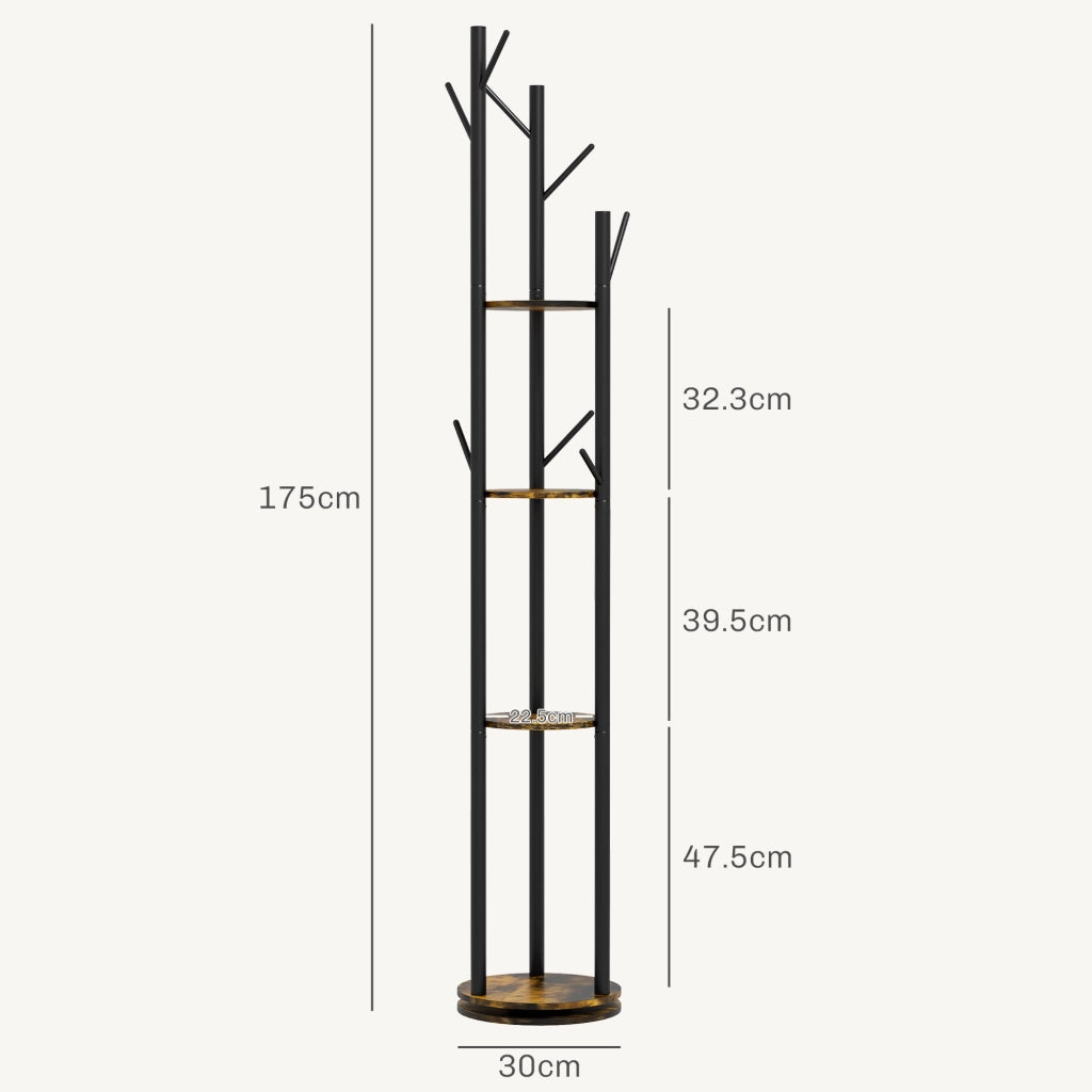 Appendiabiti da Terra Girevole con 8 Ganci e 4 Mensole in Stile Industriale, ?30x175cm, Marrone