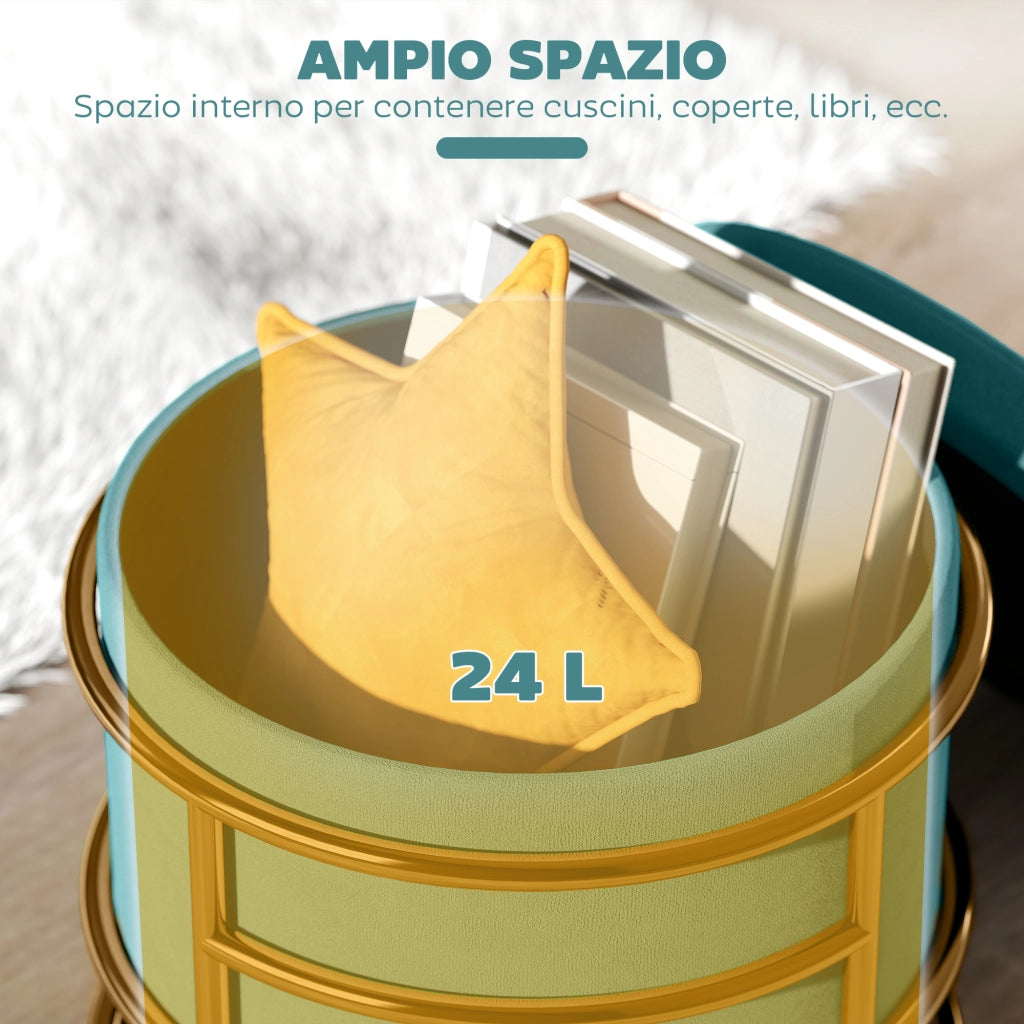 Pouf Contenitore Rotondo Ø42x39 cm in Tessuto Effetto Velluto Verde