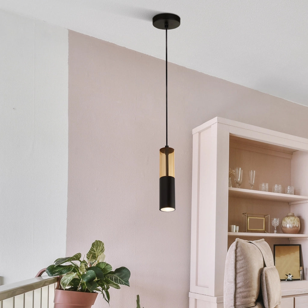 Sospensione Moderna Merrygold Acciaio Nero Ambra 1 Luce Gu10