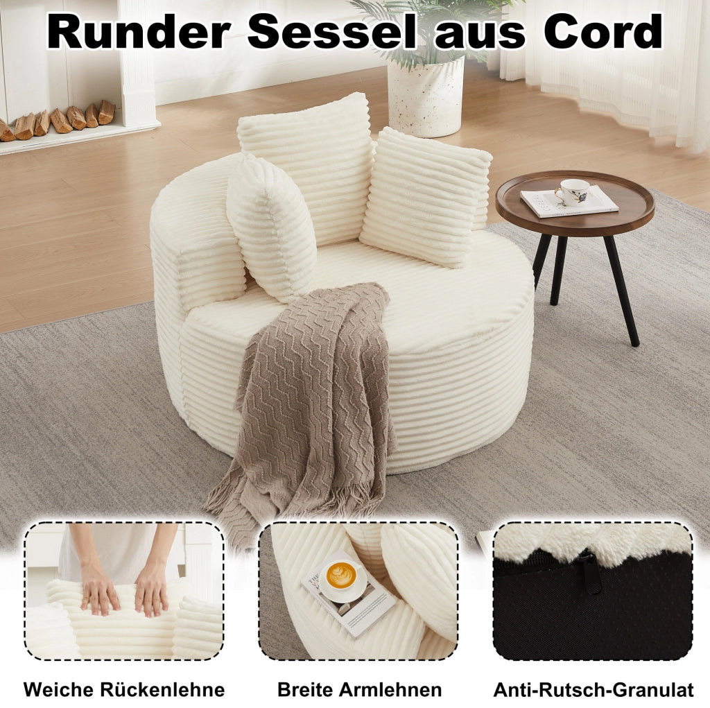 Poltrona relax rotonda in velluto a coste beige con tre cuscini