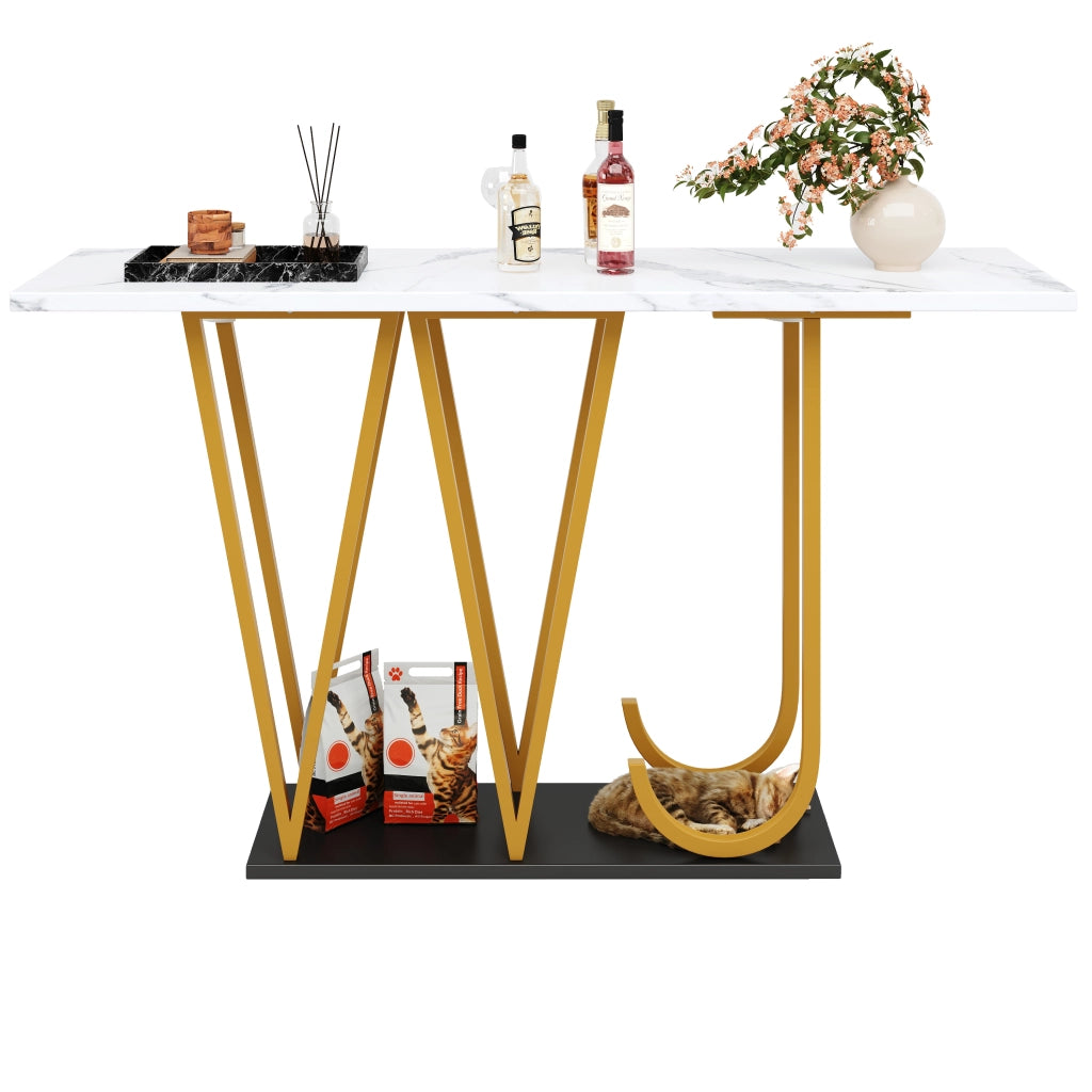 Consolle con piano in MDF effetto marmo, gambe in metallo e base rinforzata, bianca 120 × 29,5 × 80 cm