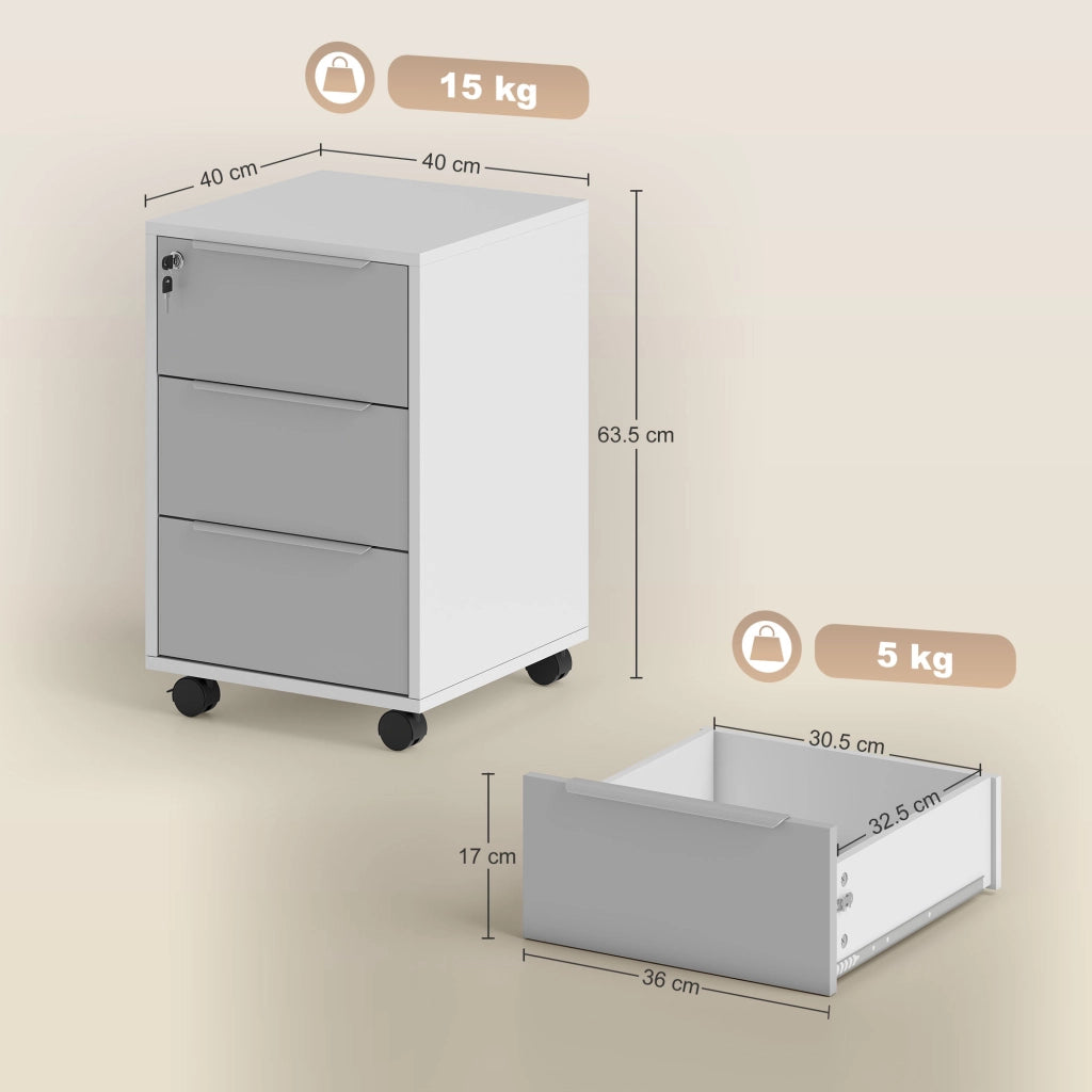 Cassettiera per Ufficio a 3 Cassetti con Chiave e Ruote ¨C Zephmum ¨C Legno, Bianco e Grigio, 40x40x63.5 cm