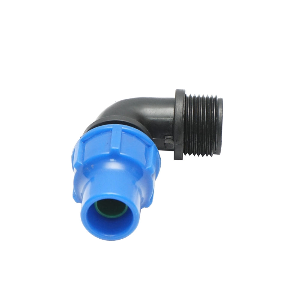 Gomito di raccordo a compressione con filettatura esterna D16mmx3/4 per sistemi di irrigazione