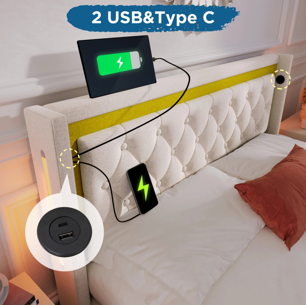 Letto contenitore LED 140x200 con materasso e ricarica USB-C