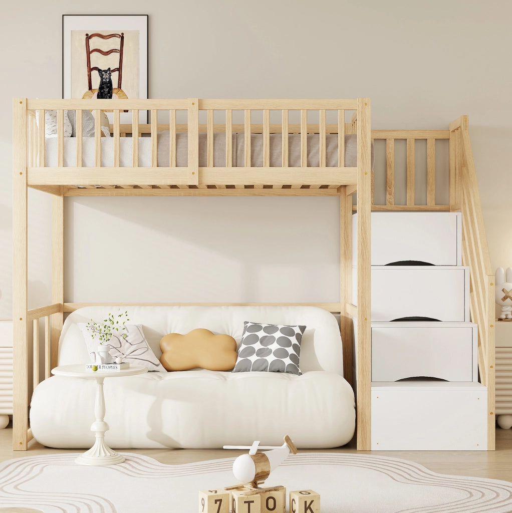 Letto alto 90x200 cm con scala contenitore; legno; colore naturale (Senza materasso)