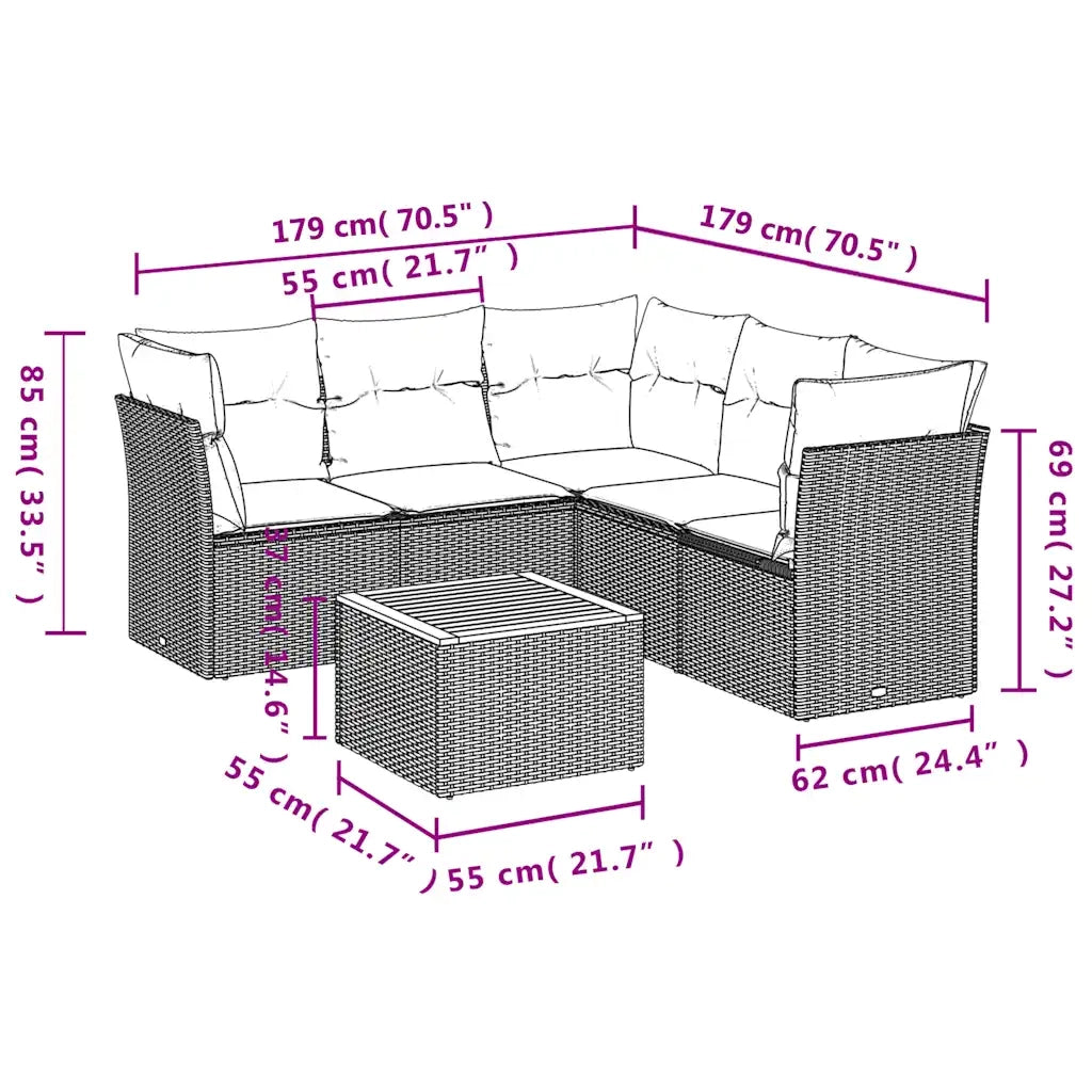 Set Divani da Giardino 6 pz con Cuscini Nero in Polyrattan